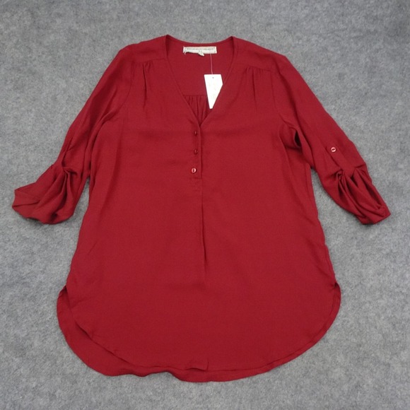 What Goes Around Top Womens Medium M Red Silk Roll Tab Sleeves Blouse Henley - Picture 1 of 16